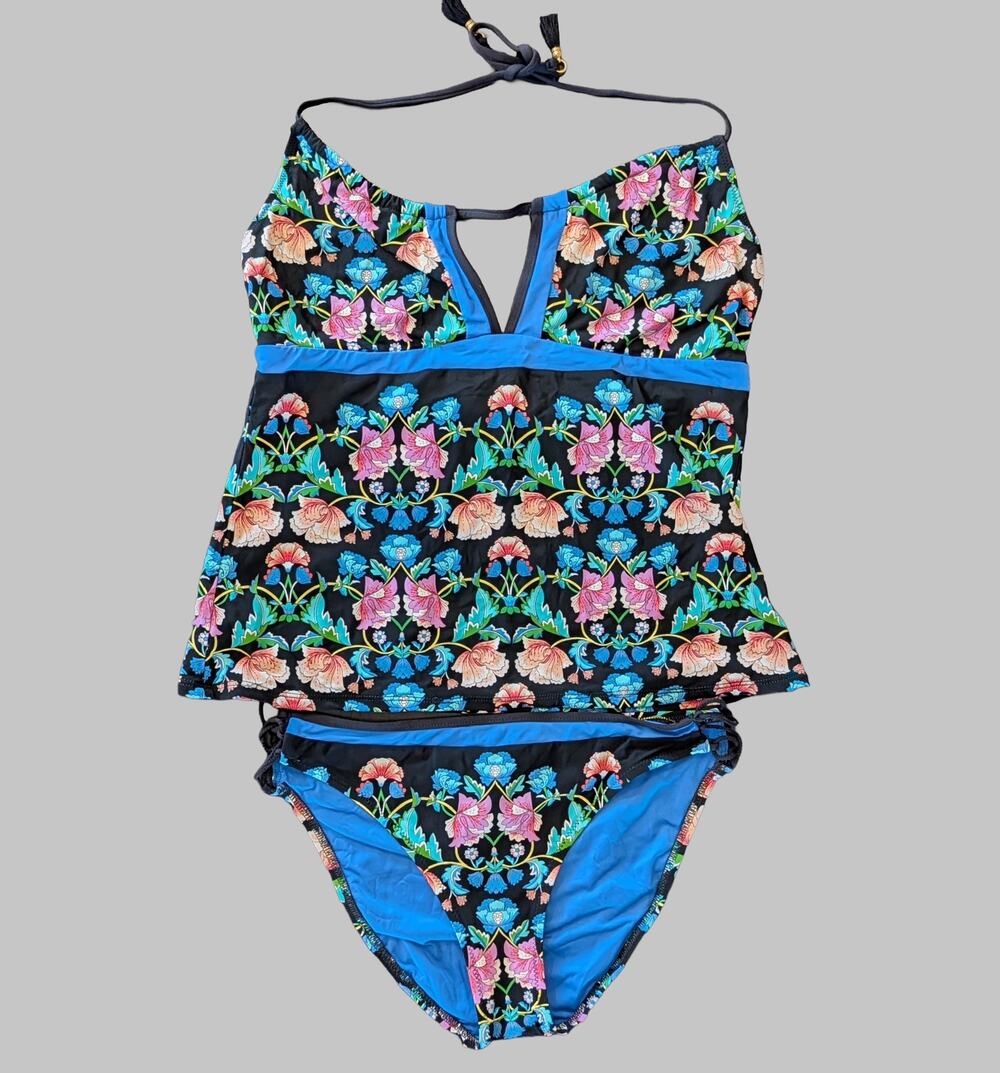 Nanette Lepore Tankini Swimsuit Set L Damask Floral Halter Lattice Side